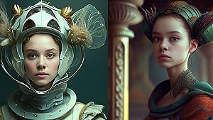 Wo wir schon bei Science Fiction sind... Dieses sehr schöne, irgendwie poetische Bild entstand bei dem Wunsch das Kostüm für einen ARTHAUS-Film über eine junge Frau zu zeigen, die auf einem Planeten strandet, auf dem nur Vögel leben. © Created by Midjourney