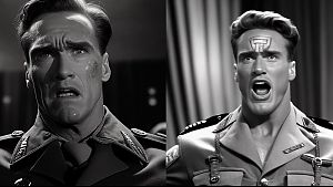 Wir erhöhen den Creep-Faktor: Eigentlich wollten wir, dass der Terminator in Chaplins Der große Diktator hineinplatzt. In der Hoffnung, dass er ein paar Nazis killt. Wir wurden enttäuscht. Stattdessen gab es diesen furchteinflößenden Supernazi. © Created by Midjourney