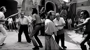 Was wäre wenn sich Fellini, Tarantino und Woody Allen am Set von Conan, der Barbar getroffen und einen Schwertkampf angezettelt hätten? © Created by Midjourney