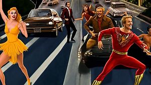 Das kommt dabei raus, wenn man sich ausmalt, wie die Freeway-Szene aus La La Land mit dem Cast von Flash Gordon ausgesehen hätte. © Created by Midjourney